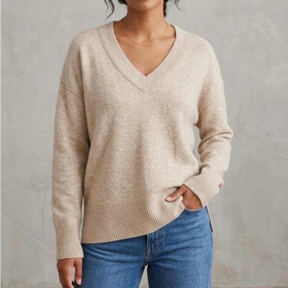 aerie V-Neck Knit Sweater in Light Beige